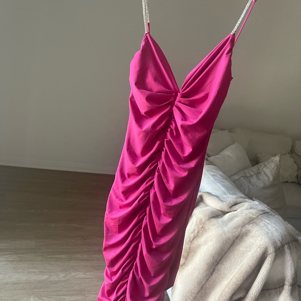 Hot Pink Ruched Long Dress With Rhinestone Straps - Picture 4 of 5